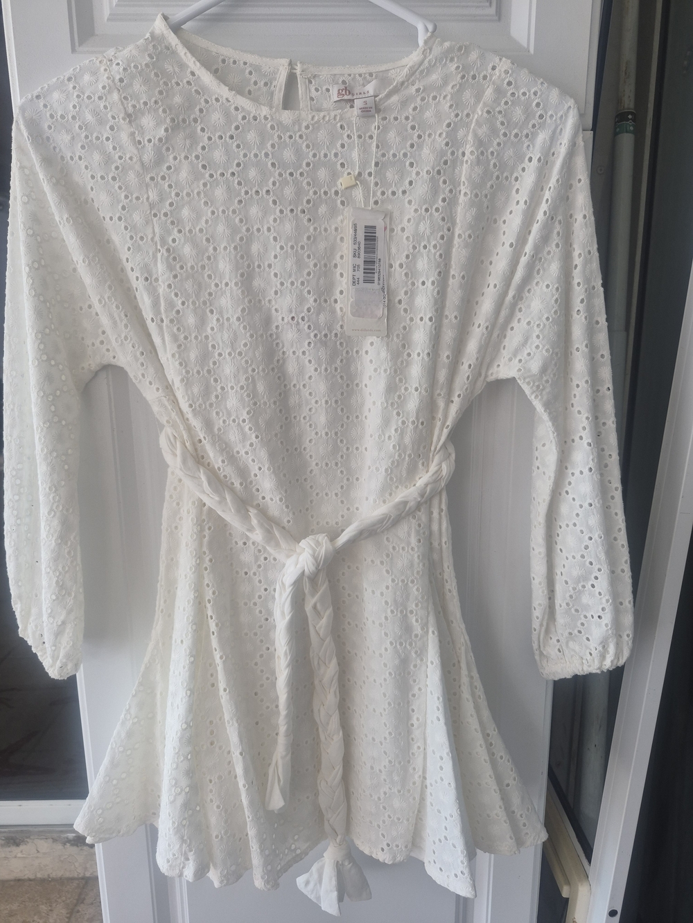 GB girls White Eyelet Mini Dress with Braided Waist Tie